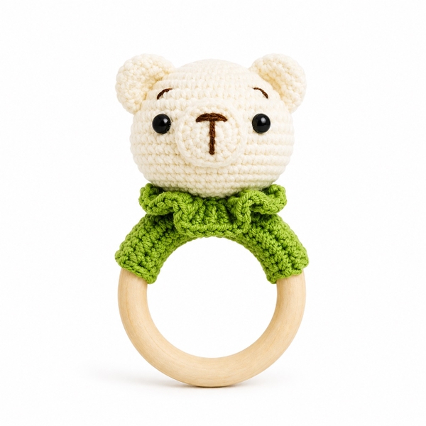 KID & BABY - Macrame Rattle With Wooden Handle in Bear