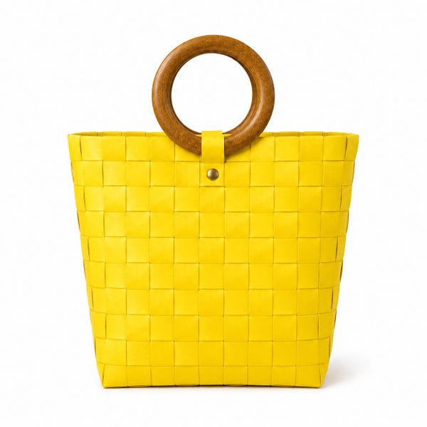 Woven Market Basket Bag With Round Wooden Handle in Yellow (M)