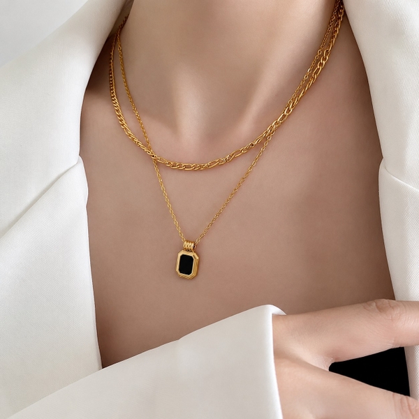 MIALIE - 18K Gold Plated Double Chain Necklace With Black Stone Pendant