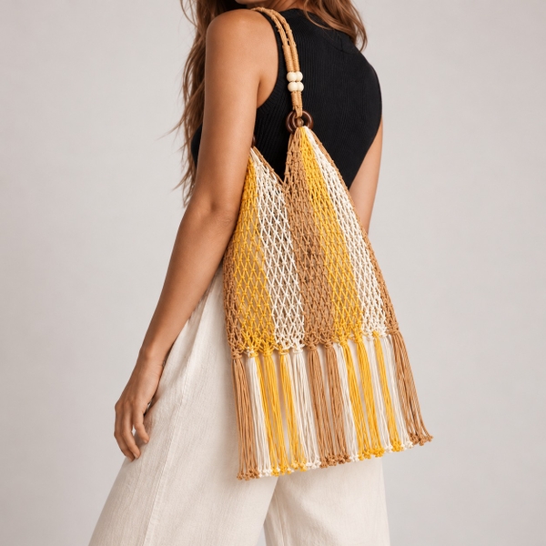 Tassel Macrame Tote Bag - Yellow