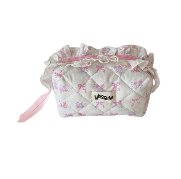 Make Up Pouch in White With Ruffle Fabric