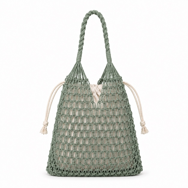 Cotton Macrame Market Tote Bag in Army Green