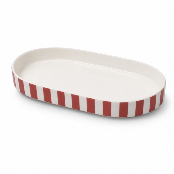 BAT TRANG - Ceramic Oval Tray In Striped Red