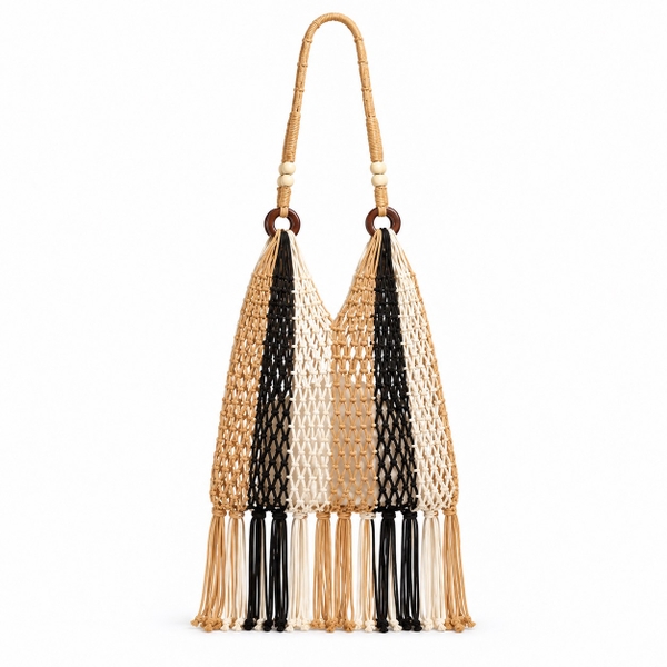 Tassel Macrame Tote Bag - Black & Beige