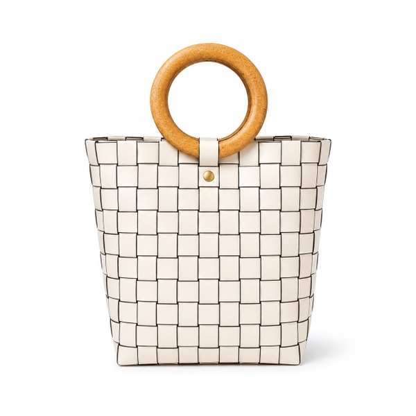 Woven Market Basket Bag With Round Wooden Handle in Nude (M)
