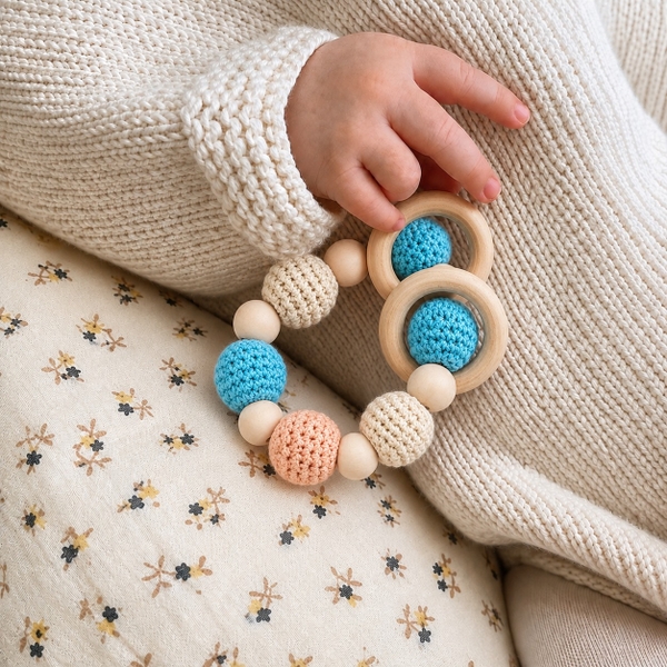 KID & BABY - Crochet Teething Toy With Wooden Circle in Blue