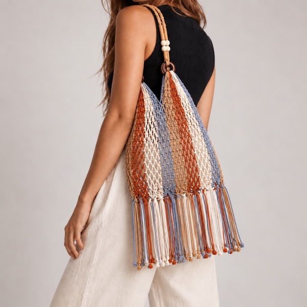 Tassel Macrame Tote Bag - Blue & Orange
