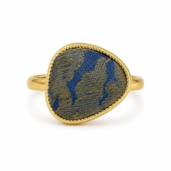 MỘC SAN - 16K Gold Plated & Silk Ring in Olive Blue Freeform Oval