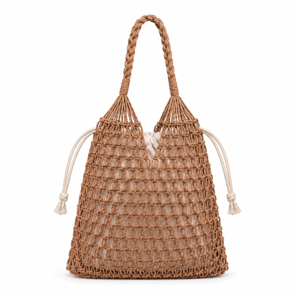 Cotton Macrame Market Tote Bag in Tan