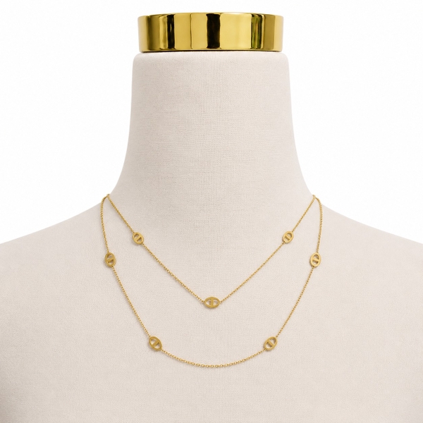 MIALIE - 18K Gold Plated Double Chain Necklace With Hollow Charms