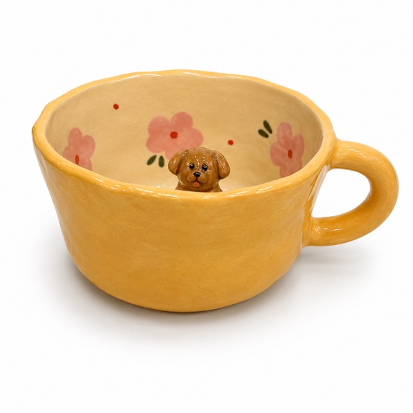 LINDO CRAFTS - Yellow Mug With Pink Flower & Brown Dog Inside