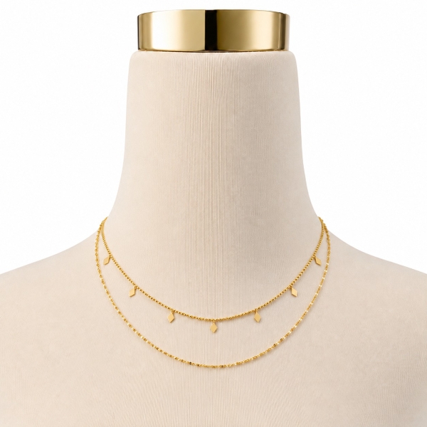 MIALIE - 18K Gold Plated Double Chain Necklace With Rhombus Charm