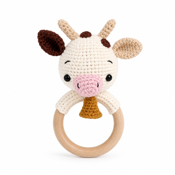 Macrame Baby Rattle With Wooden Handle - Cow
