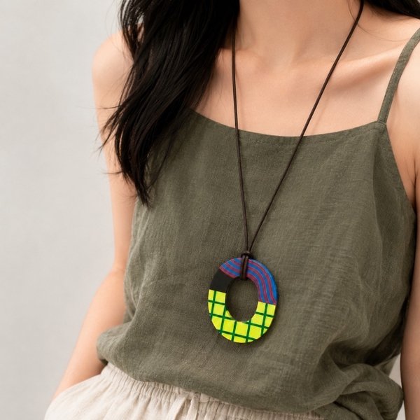 AZIET -  Buffalo Horn & Lacquer Necklace In Yellow Grid & Line No.01