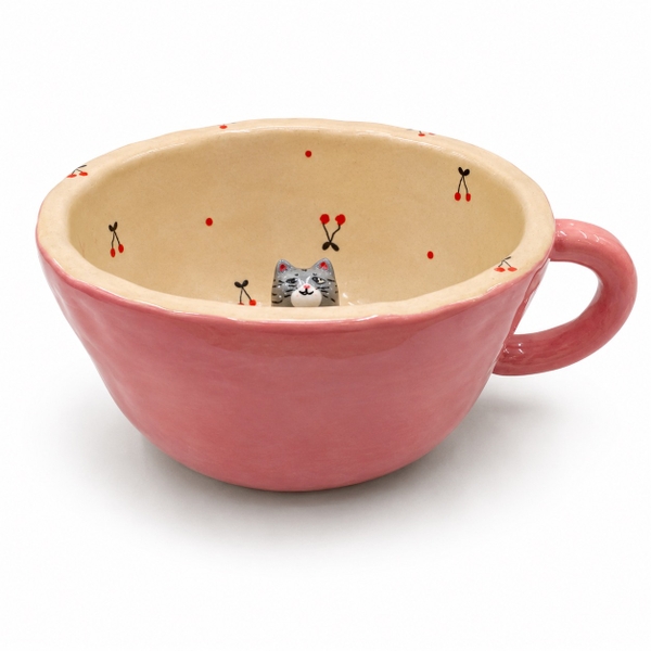 LINDO CRAFTS - Pink Mug With Cherry & Grey Tabby Cat Inside