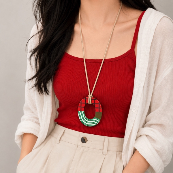 AZIET -  Buffalo Horn & Lacquer Necklace In Red Grid & Line