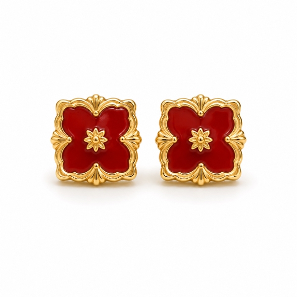 ROUGE - 18K Gold Plated Red Clover Stud Earrings
