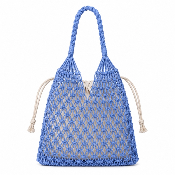 Cotton Macrame Market Tote Bag in Blue