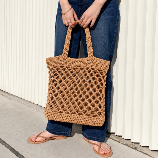 Macrame Tote Bag With Zipper - Tan