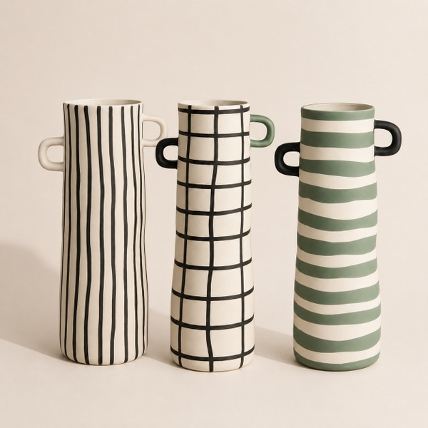 BAT TRANG -  Ceramic Tall Checked With Black & Green Handle