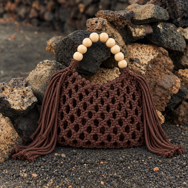 Macrame Hand Bag With Wooden Bead - Brown
