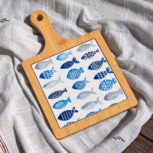 BÁT TRÀNG CERAMIC - Wood & Ceramic Pot Holder In Blue School Of Fish