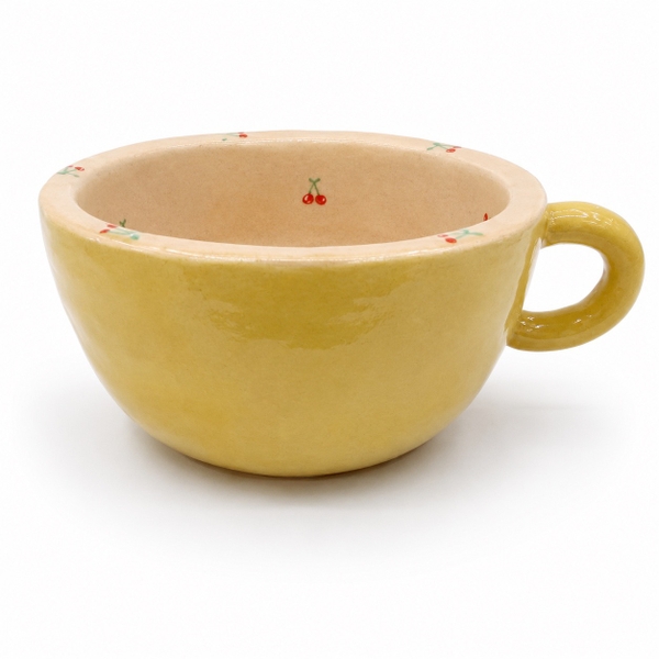 LINDO CRAFTS - Yellow Mug With Cherry & Orange Cat Inside