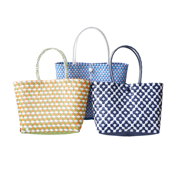 Medium Woven Basket Bag In Pink & Red Checked Pattern