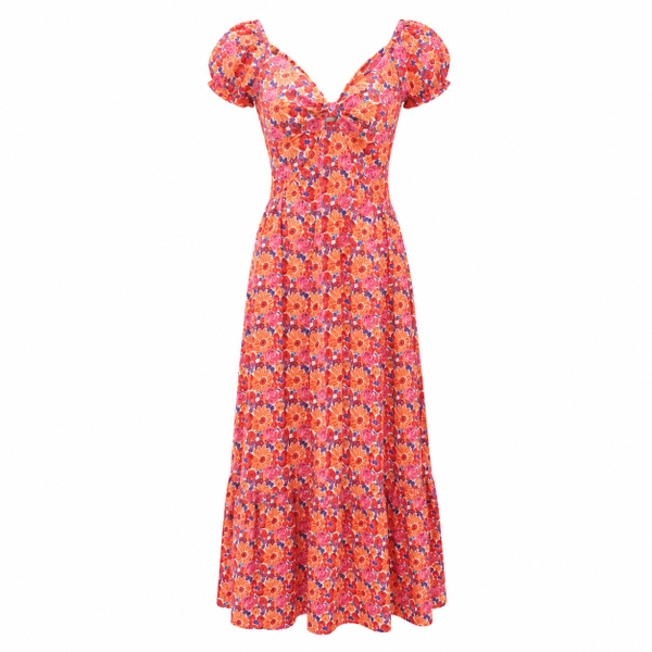 HUMANITY HANOI -  Ruffle Maxi Dress in Pink & Orange Floral