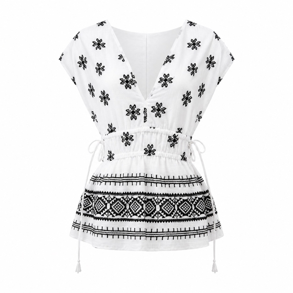HUMANITY HANOI -  Linen V-Neck White Top with Black Pattern