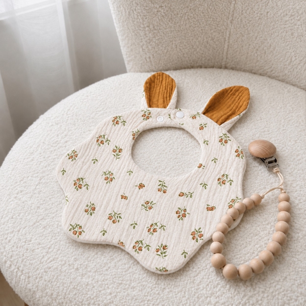 KID & BABY - Muslin Bunny Bib in Tiny Brown Flower