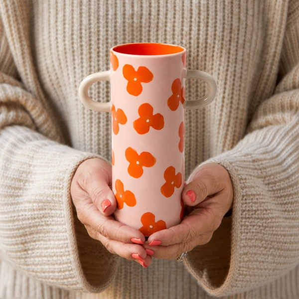 BÁT TRÀNG CERAMIC - Orange Flower Vase With White Handle