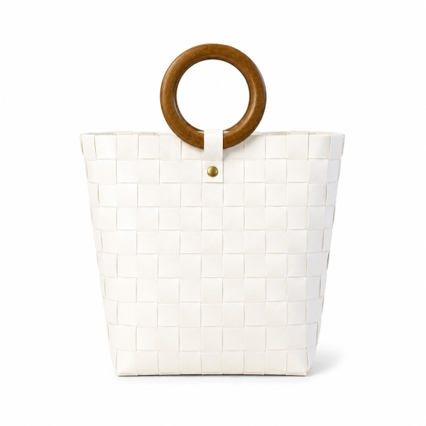 Woven Market Basket Bag With Round Wooden Handle in White (M)