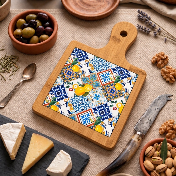 BÁT TRÀNG CERAMIC - Wood & Ceramic Pot Holder In Lemon & Pattern