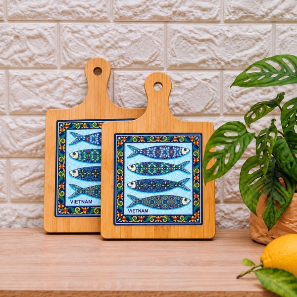 BÁT TRÀNG CERAMIC - Wood & Ceramic Pot Holder In Sardine