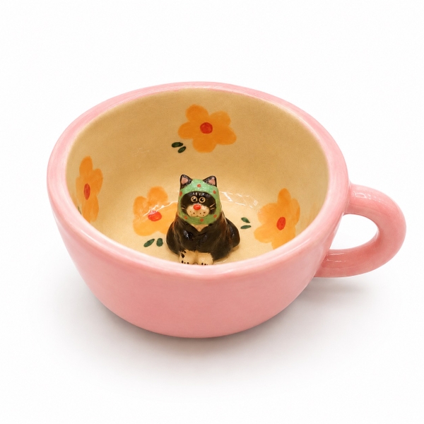 LINDO CRAFTS - Pink Mug With Pink Flower & Black Cat Inside
