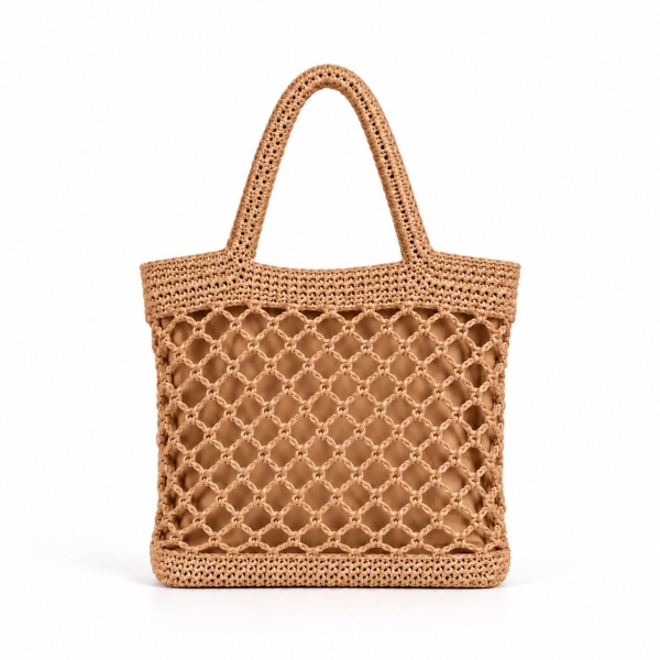 Macrame Tote Bag With Zipper - Tan