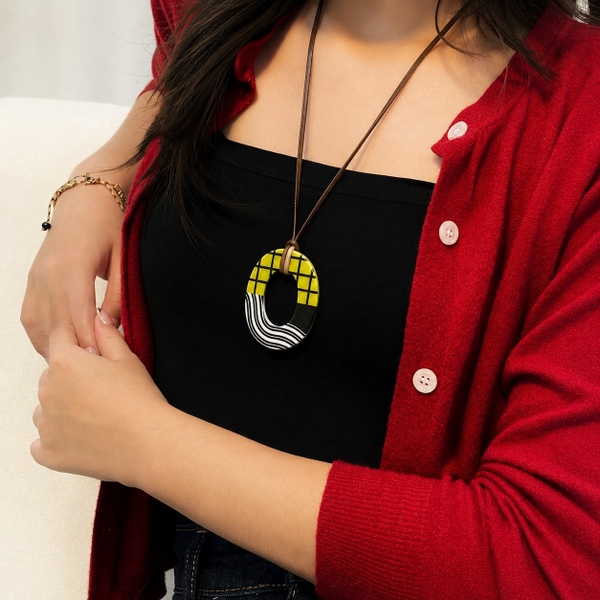 AZIET -  Buffalo Horn & Lacquer Necklace In Yellow Grid & Line No.02