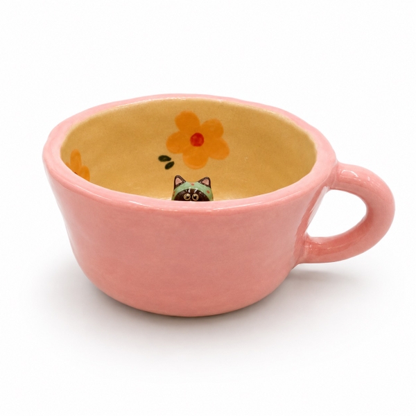 LINDO CRAFTS - Pink Mug With Pink Flower & Black Cat Inside