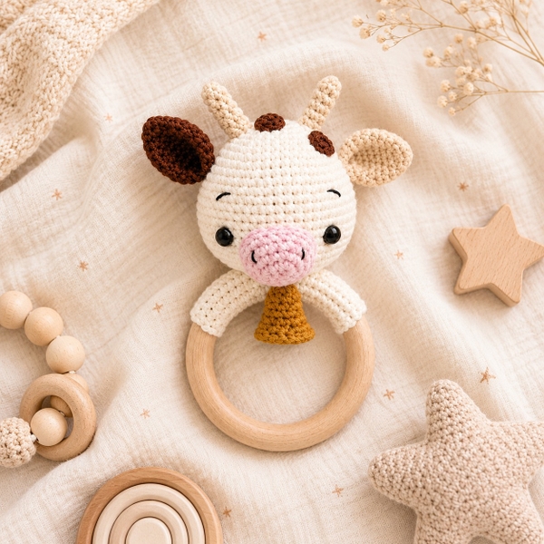 Macrame Baby Rattle With Wooden Handle - Cow