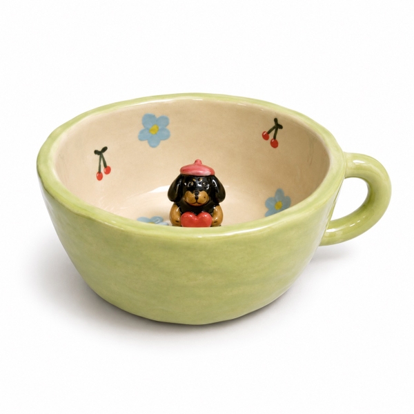 LINDO CRAFTS - Green Mug With Blue Flower & Black Dog Inside