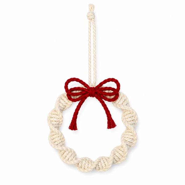 Macrame Christmas Ornament - Wreath in White With Red Bow