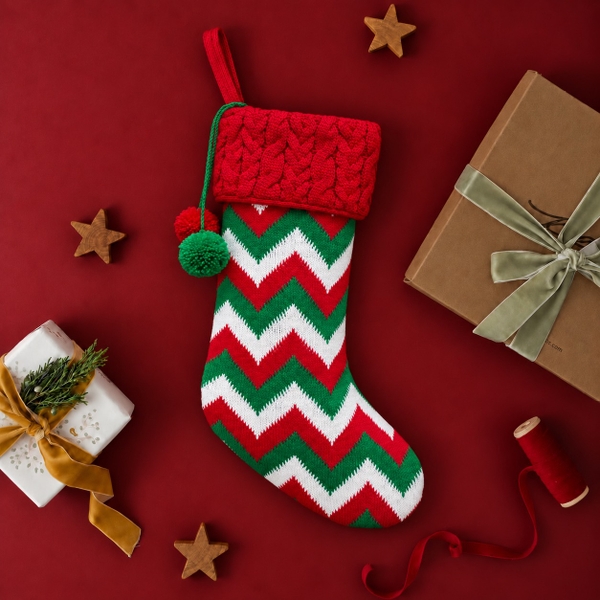 CHRISTMAS - Large Wool Stocking in Red & Green Zigzag