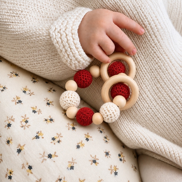 KID & BABY - Crochet Teething Toy With Wooden Circle in Red