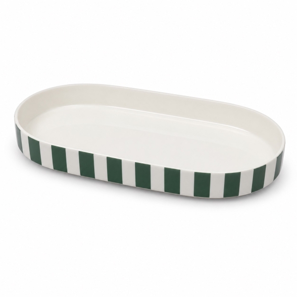 BAT TRANG - Ceramic Oval Tray In Striped Green