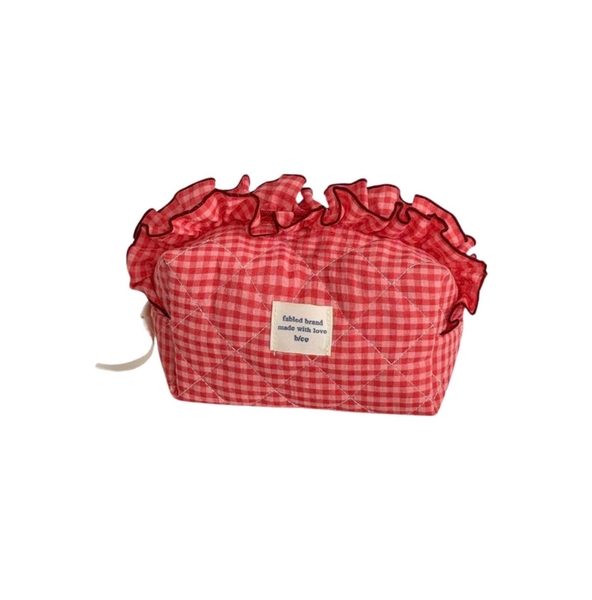 Make Up Pouch in Red With Ruffle Fabric