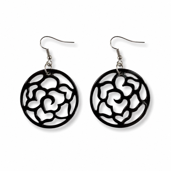 AZIET -  Buffalo Horn & Lacquer Round Earrings in Black Rose