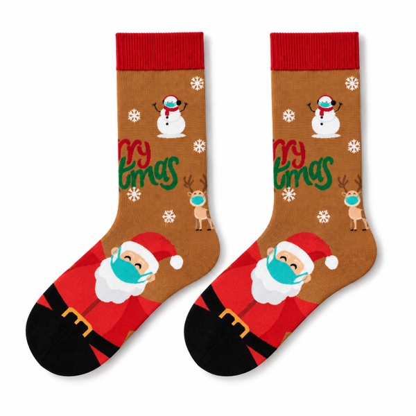 CHRISTMAS - 'Santa Wearing Mask in Brown' Holiday Crew Socks