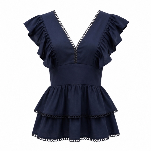 HUMANITY HANOI -  Linen V-Neck Ruffles Top in Navy