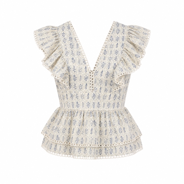 HUMANITY HANOI -  Linen V-Neck Ruffles Top in Vintage Floral